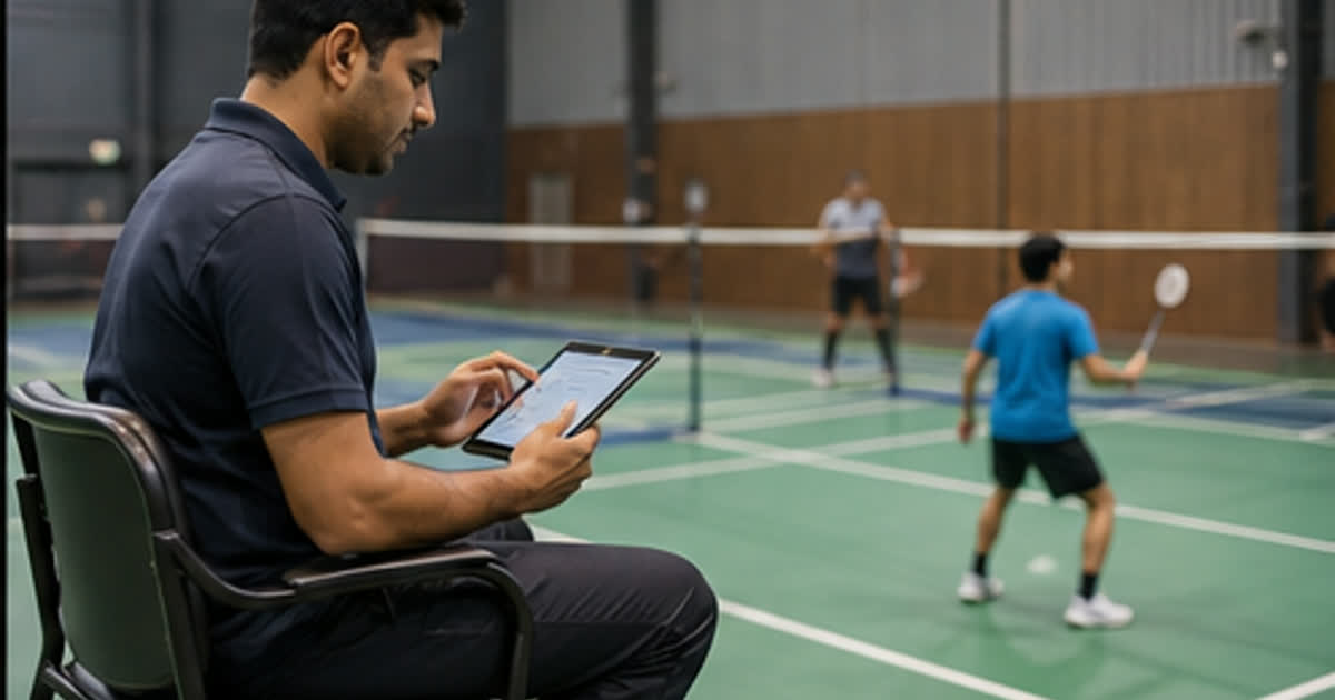 Umpire entering a badminton score on a tablet beside a live match