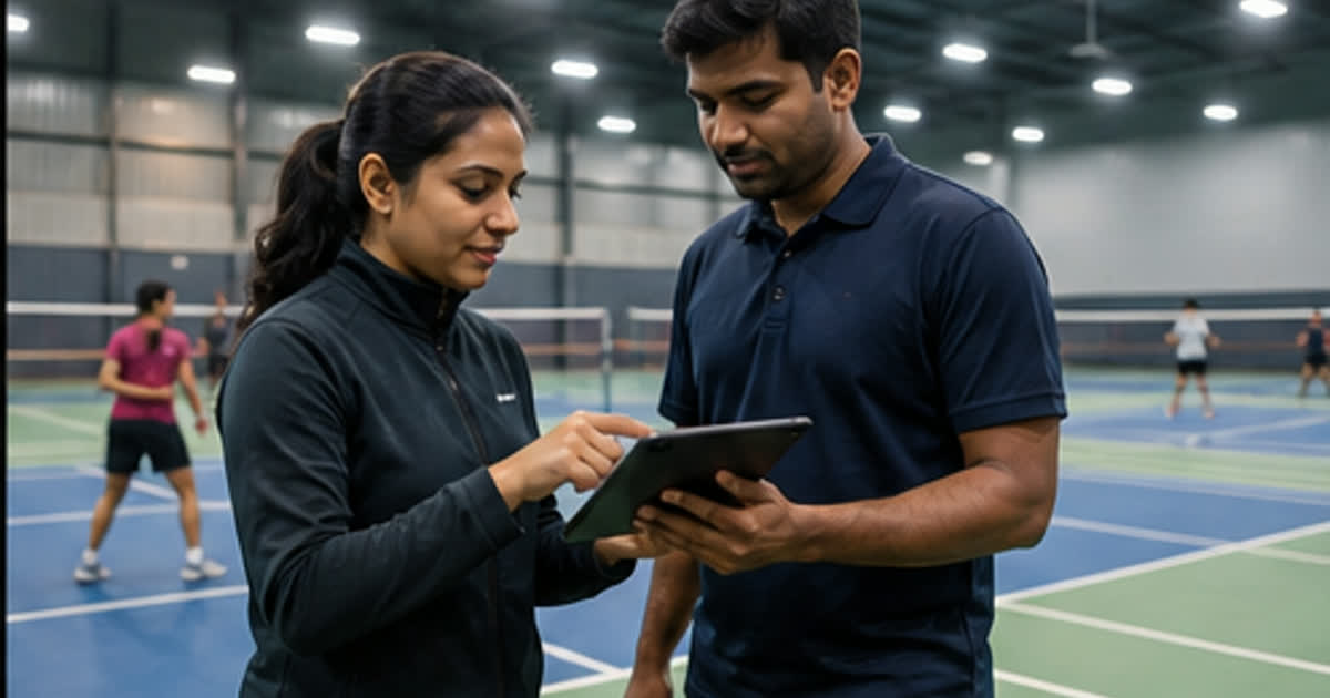 Tournament coordinator and player checking a tablet beside indoor badminton courts