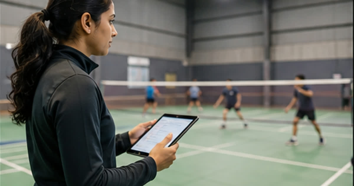 Tournament organizer using a tablet beside an indoor badminton court
