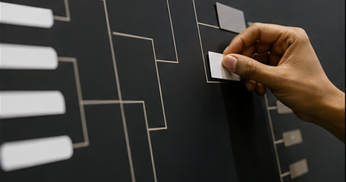 Hand placing a match card on a tournament bracket board