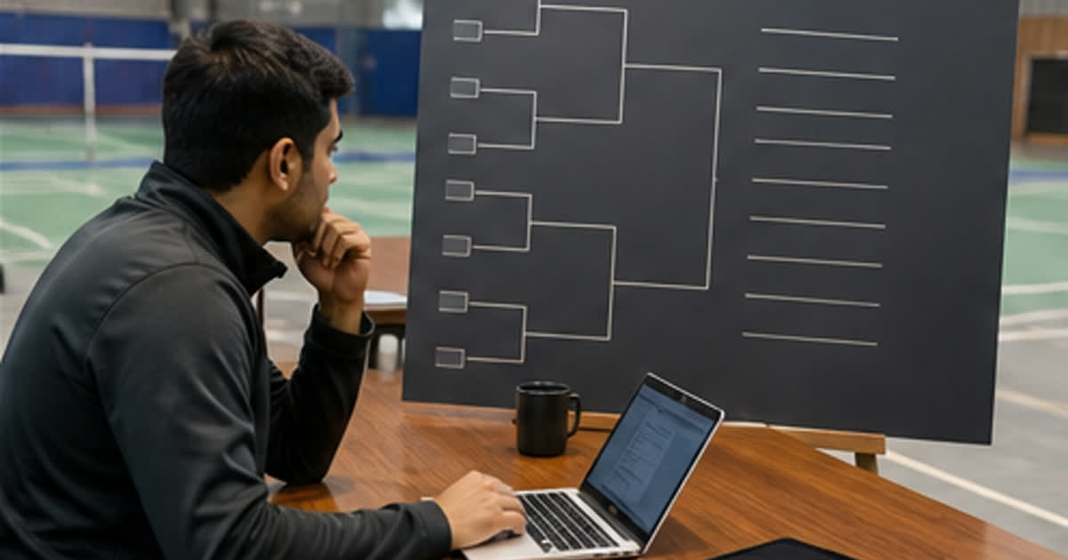 Tournament operations desk with a bracket board beside badminton courts
